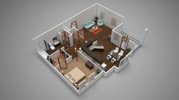 One bedroom - The Cozumel 3D Floor Plan at Fox Hunt Farms Apartments, Fort Mill, SC