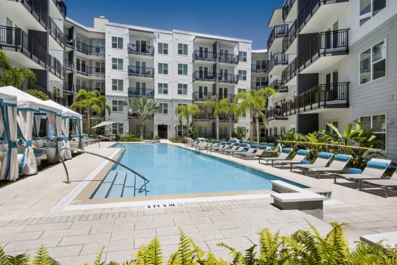 Two resort style pools featuring an infinity edge pool at Anchor Riverwalk, Tampa, 33602