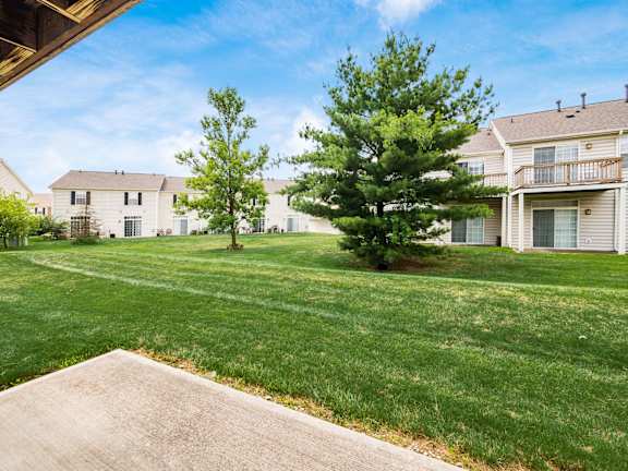 A grassy area with a tree and apartment buildings in the background. at River View at Bexley Apartments, River View at Bexley, OH, 43209