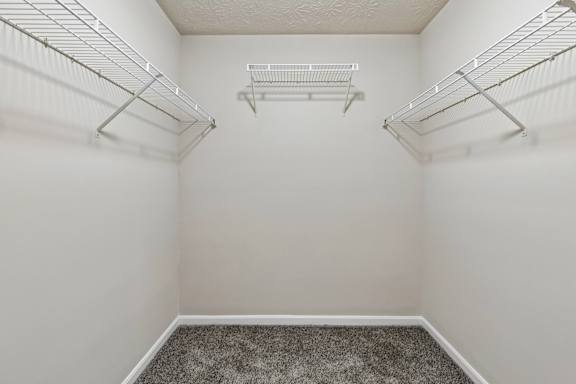 Empty room with shelves and a carpeted floor.