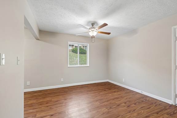 A room with a ceiling fan and a window showing a green landscape.
