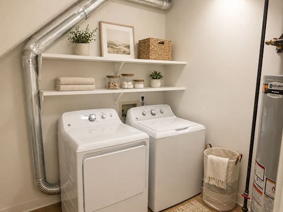 A laundry room with two washing machines and a shelf with towels and plants.