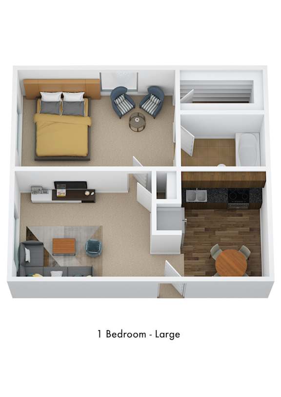 A 1 Bedroom - Large apartment layout with a bedroom, living room, and kitchen.