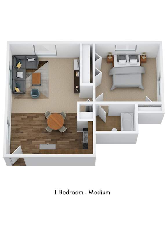 A 3D floor plan of a medium sized bedroom.
