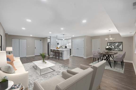 a rendering of a living room and kitchen in a house at Indian Creek Apartments*, Cincinnati, Ohio