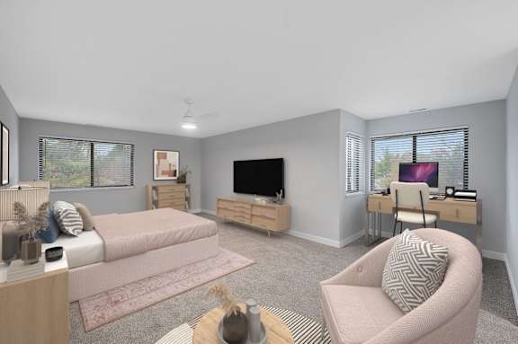 an open living room with a bed and a desk with a television at Indian Creek Apartments*, Cincinnati, OH