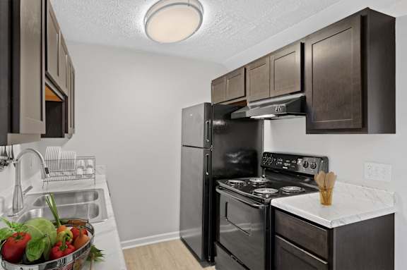 A kitchen with a black refrigerator and stove.