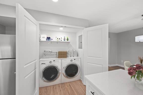 A laundry room with a washer and dryer in it. A laundry room with a washer and dryer in it. at Indian Creek Apartments*, Cincinnati