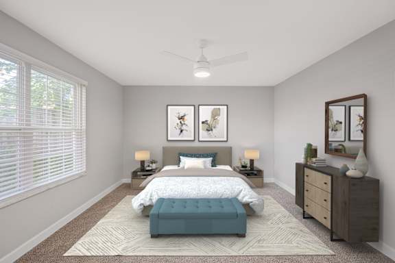 A bedroom with a bed, dresser, and mirror. A bedroom with a bed, dresser, and mirror. at Indian Creek Apartments*, Cincinnati, OH