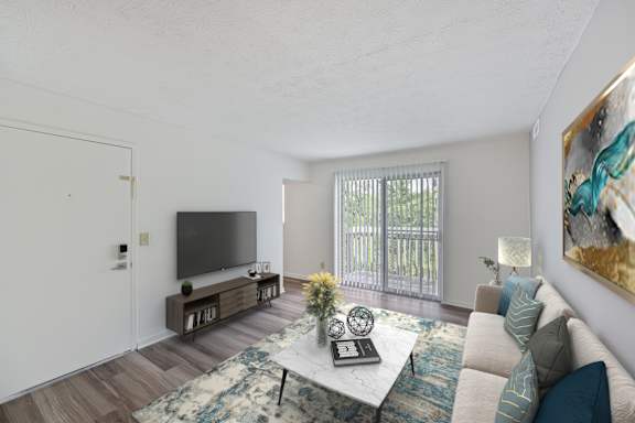 A living room with a couch, a coffee table, and a television.