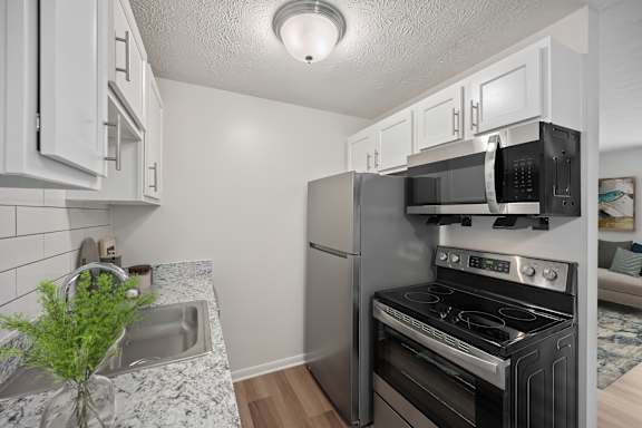A kitchen with a sink, stove, and microwave.