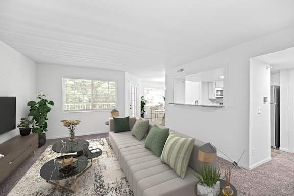 A living room with a grey sofa and a glass coffee table.
