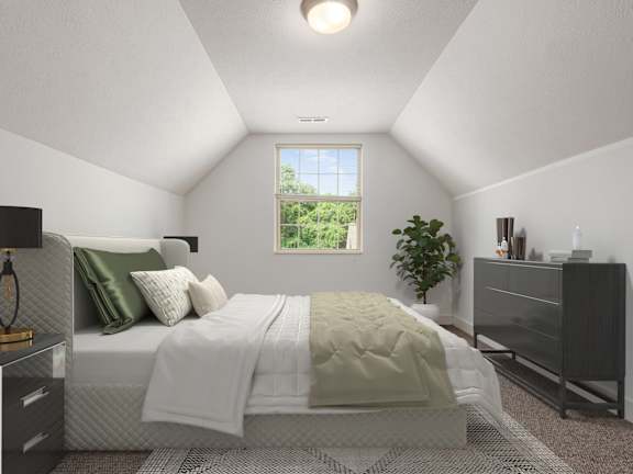 A bedroom with a bed, nightstand, and window. at River View at Bexley Apartments, River View at Bexley, OH, 43209