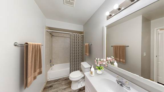 A bathroom with a toilet, sink, and shower.