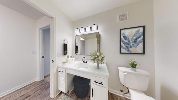 A white bathroom vanity with a mirror and lights above it.