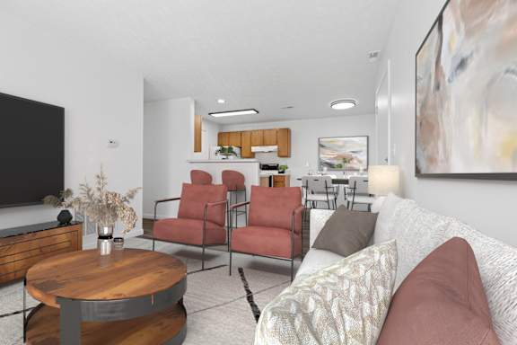 A living room with a white couch, a wooden coffee table, and a large painting on the wall.
