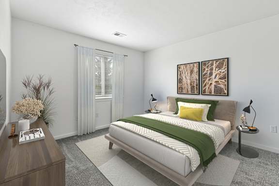 A bedroom with a bed, nightstand, and a painting on the wall.