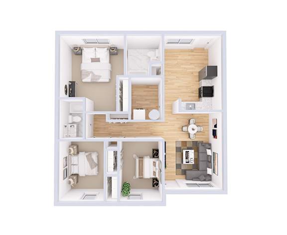 A top-down view of a small apartment with a kitchen, living room, and two bedrooms.