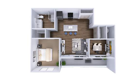 3D floor plan with two bedrooms and open layout at Wrights Point* Apartments, Ft Wright, Kentucky