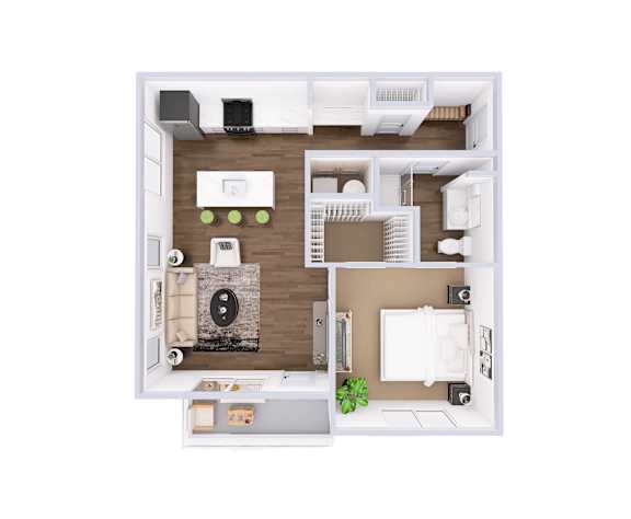 3D floor plan with one bedroom and bathroom at Wrights Point* Apartments, Ft Wright
