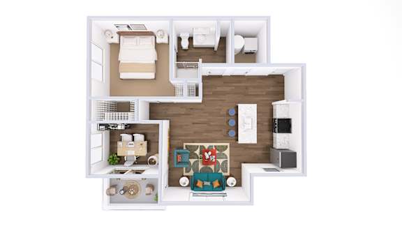 3D floor plan with one bedroom and open layout at Wrights Point* Apartments, Kentucky, 41011