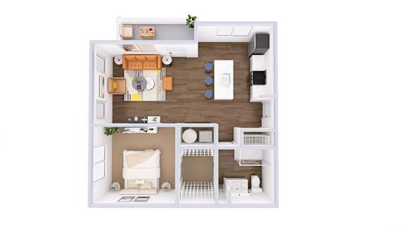 3D floor plan with open living area at Wrights Point* Apartments, Ft Wright, KY 41011