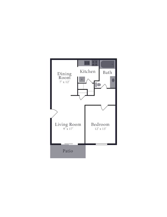 A floor plan of a house with a living room, dining room, kitchen, bathroom and two bedrooms.