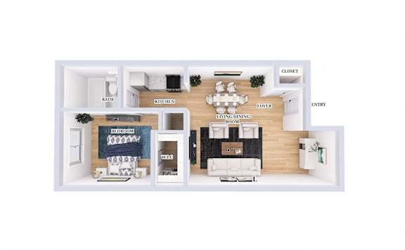 Floor Plan  A diagram of a house layout with labeled rooms such as Bath, Kitchen, Living Room, Bedroom, and Entry.