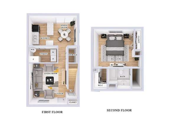 Floor Plan  A diagram of a two-story apartment with labeled rooms.