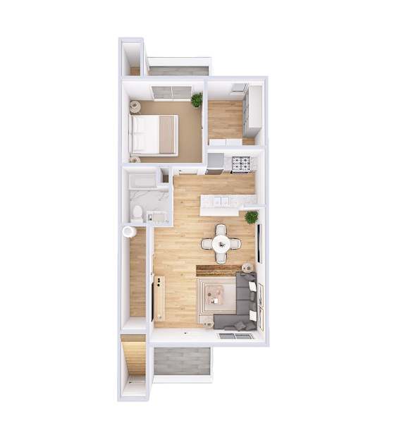 A floor plan of a house with a kitchen, living room, and bathroom.