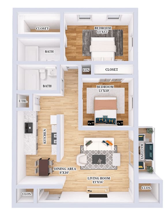 Floor Plan  A floor plan of an apartment with a living room, kitchen, dining area, and two bedrooms.