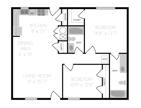 2 bed 2 bath floor plan A at Hangar Flats apartments, Batavia, OH