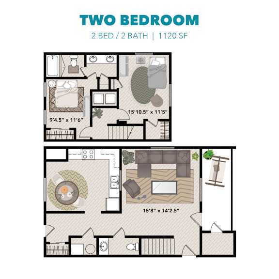 A floor plan of a two bedroom, two bathroom apartment.