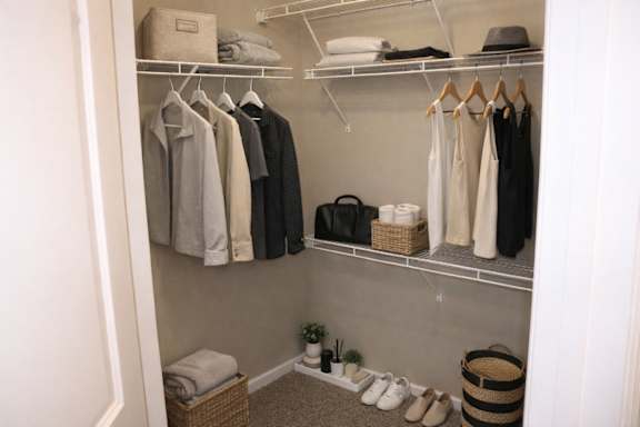 A closet with clothes and shoes neatly organized.