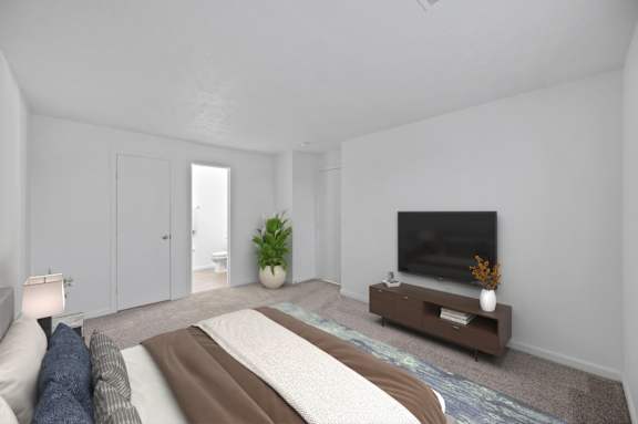 A living room with a couch, a television, and a plant.
