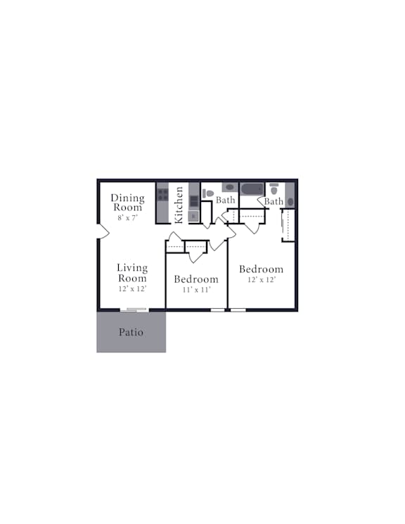 A floor plan of a house with a living room, dining room, kitchen, two bathrooms, and two bedrooms.