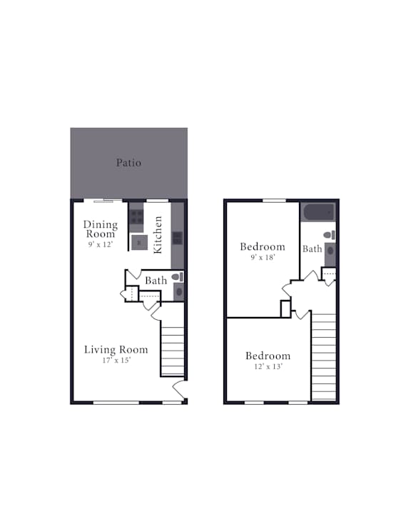 A floor plan of a house with a patio, dining room, kitchen, living room, and three bedrooms.