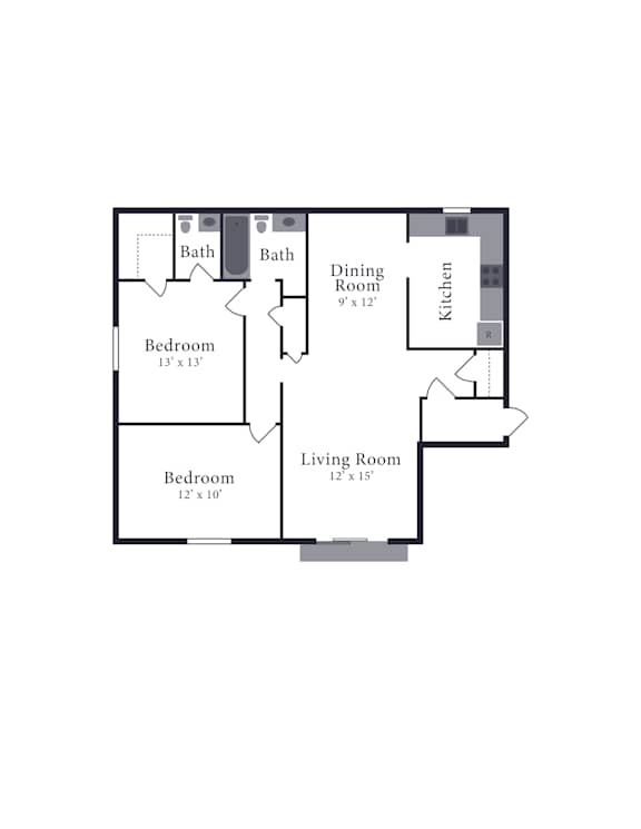 A floor plan of a house with a living room, two bedrooms, a dining room, and a kitchen.