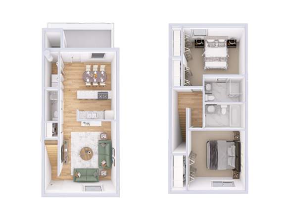 Two images of a small apartment layout.