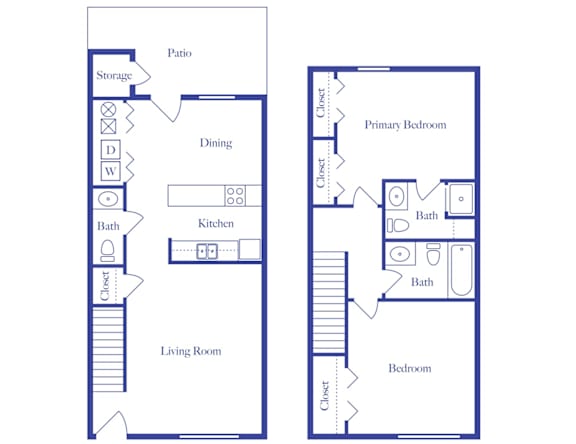 A floor plan of a house with a living room, dining room, kitchen, two bathrooms, a storage area, and two bedrooms.