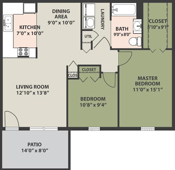 A floor plan of a house with a kitchen, living room, patio, and bathroom.