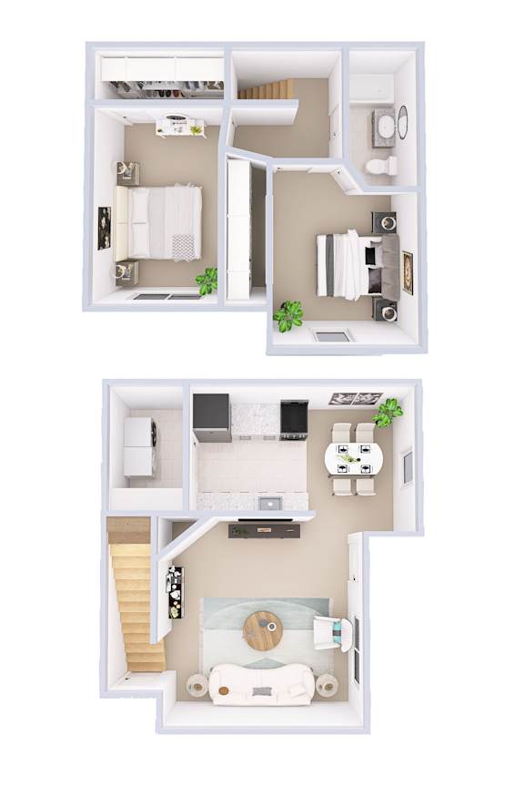 A white image of a dollhouse with two rooms.