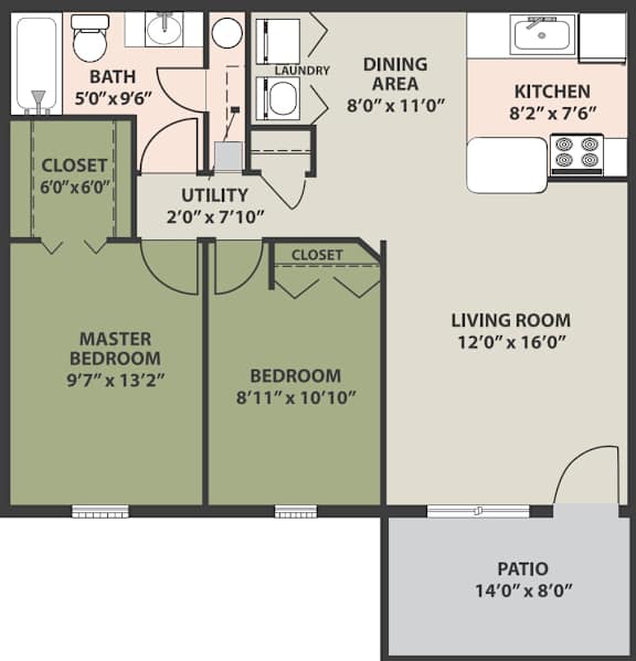 A floor plan of a house with a master bedroom, two bathrooms, a living room, a kitchen, a dining area, a laundry room, and a patio.