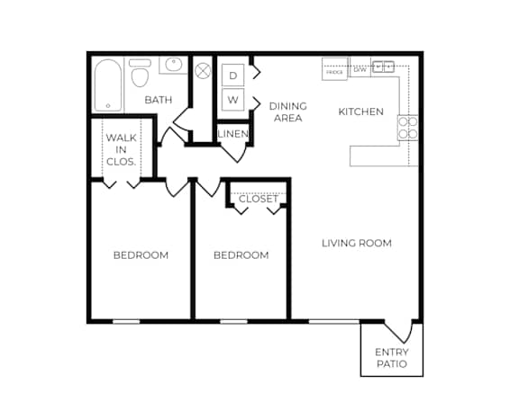 A black and white floor plan of a house with two bedrooms, a living room, a kitchen, a bathroom, and a dining area.