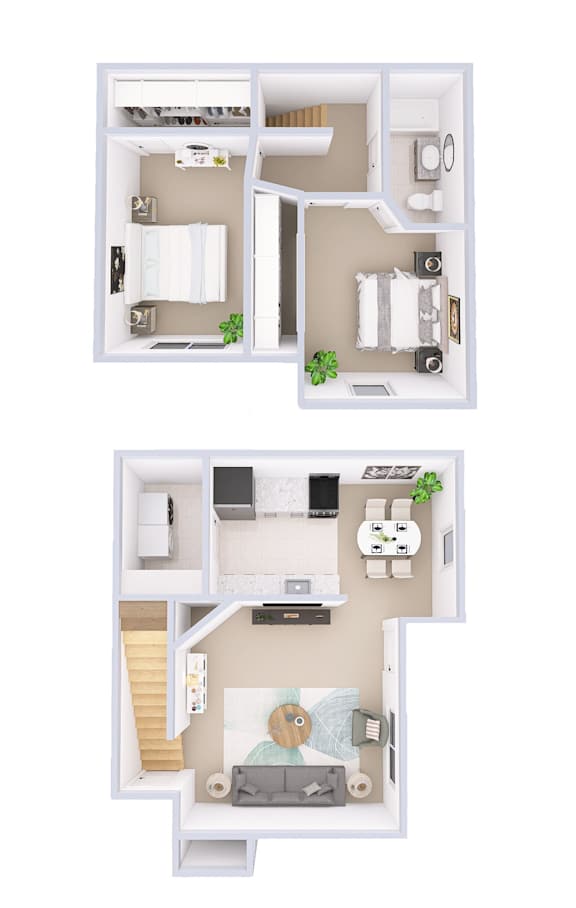 A floor plan of a two-bedroom apartment with a living room and kitchen.