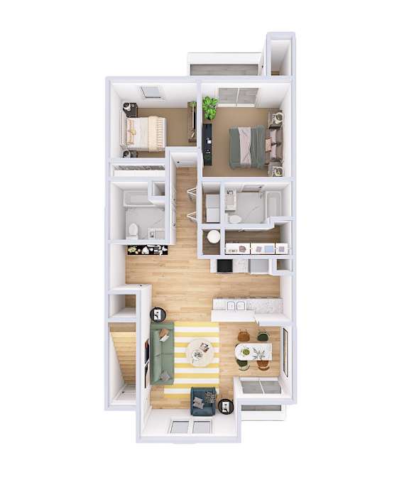 A top-down view of a small apartment with a kitchen, living room, and two bedrooms.