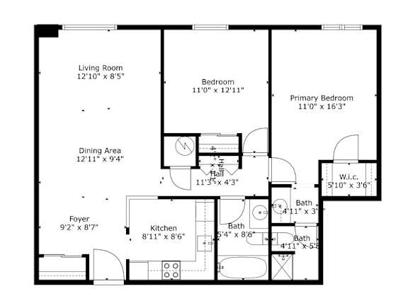 A floor plan of a house with a living room, dining area, kitchen, and three bedrooms.