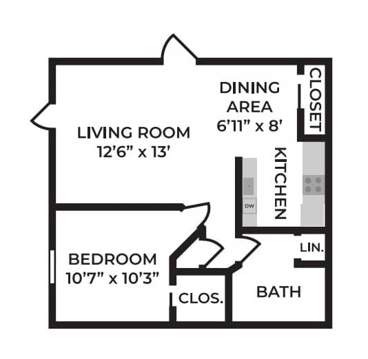 A floor plan of a small apartment with a living room, bedroom, kitchen, and bathroom.