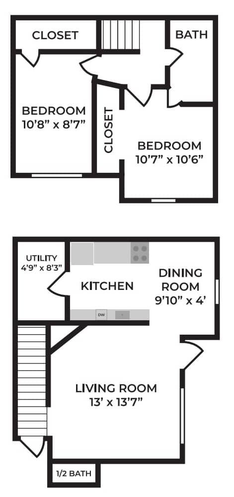 Floor Plan  A set of three floor plans for a house with a living room, kitchen, and two bedrooms.