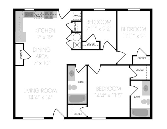 3 bed 2 bath floor planAat Hangar Flats apartments, Batavia